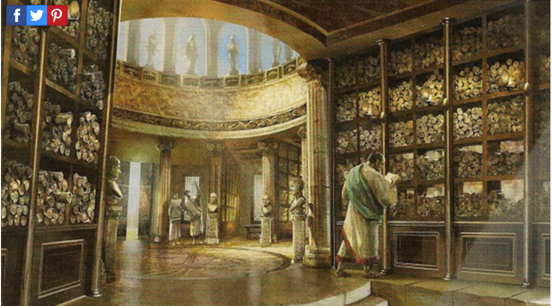 Library of Alexandria interior — scrolls and scholars