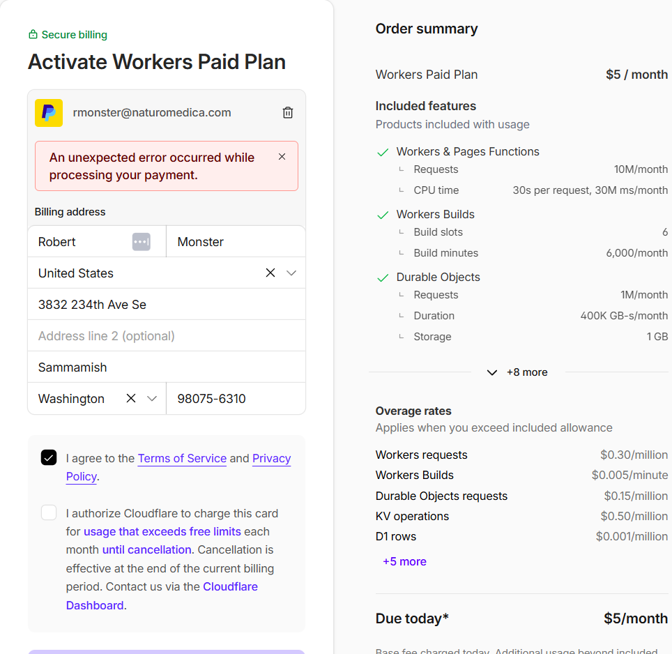 Cloudflare billing error — 'An unexpected error occurred while processing your payment' — April 3, 2026